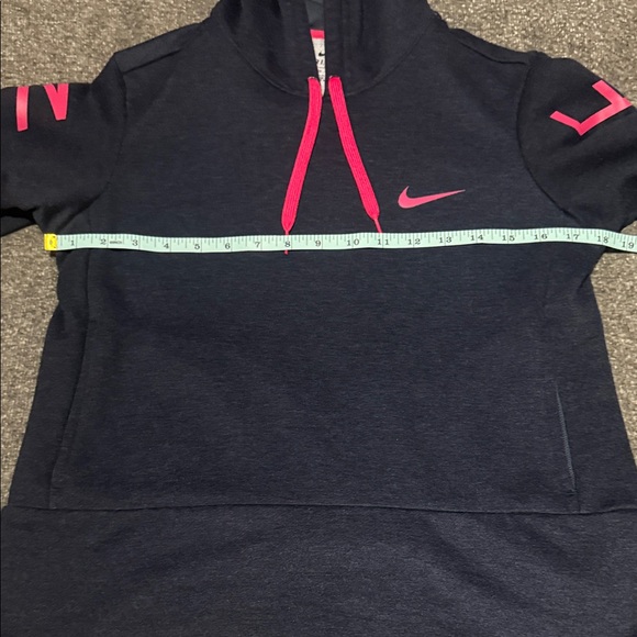 Nike Women's Pro Dri-FIT Cropped Graphic Hoodie in navy with pink accents. {XS} - Picture 13 of 14